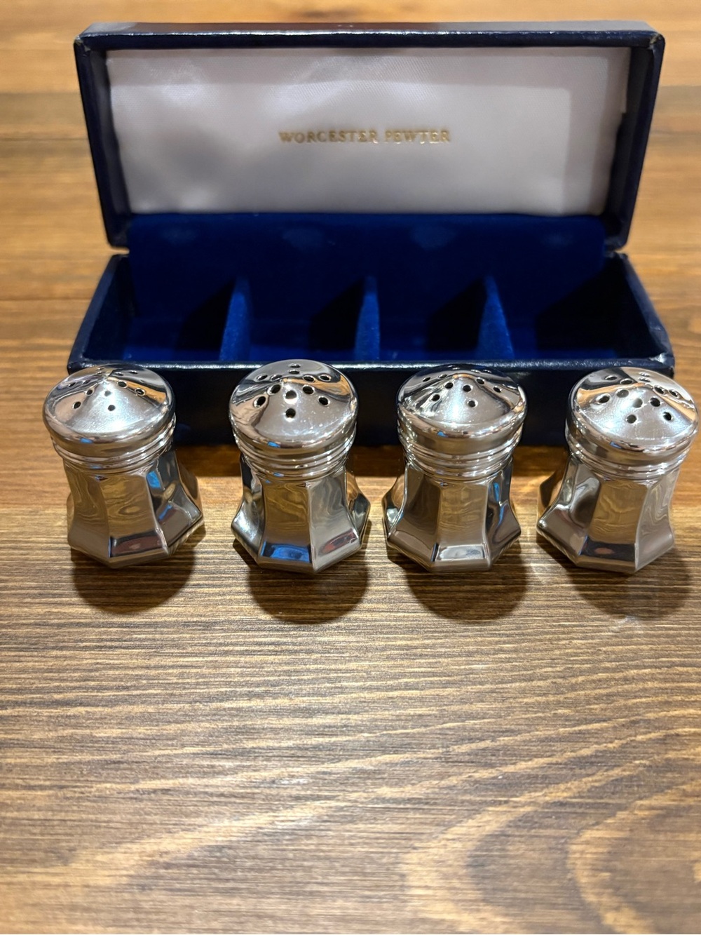 Vintage Worcester Pewter 4 piece new salt and pepper set with box